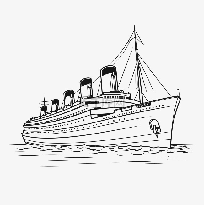 老式游轮在海洋轮廓草图上的黑白线条图 向量素材图片免费下载-千库网