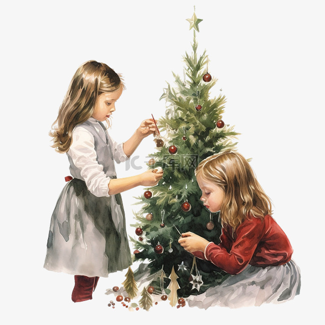 两个小女孩为节日装饰一棵圣诞树