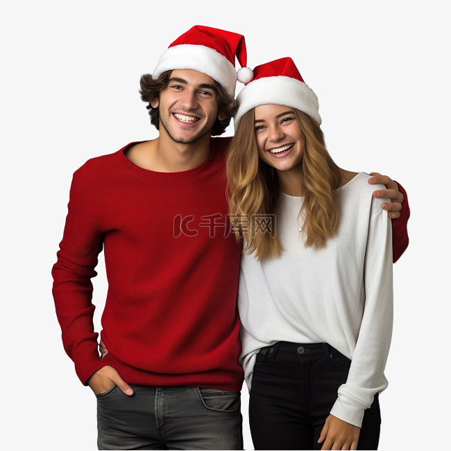 灰墙上戴着圣诞帽的快乐年轻夫妇