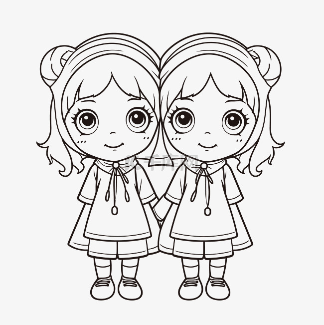 可爱的双胞胎女孩着色页轮廓素描