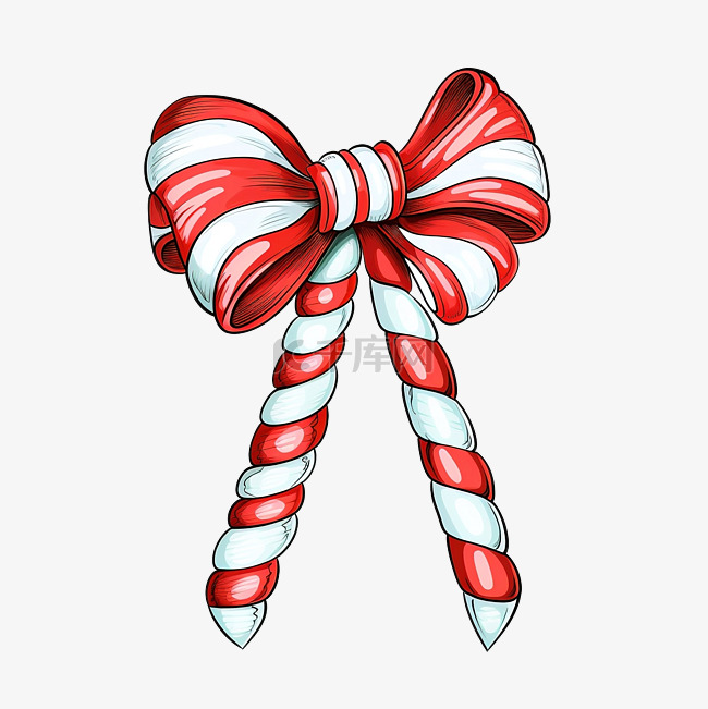 手绘涂鸦圣诞糖果手杖与丝带蝴蝶