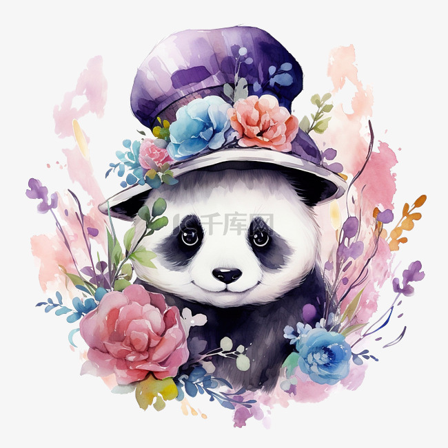 戴着帽子的水彩熊猫与花朵插图 