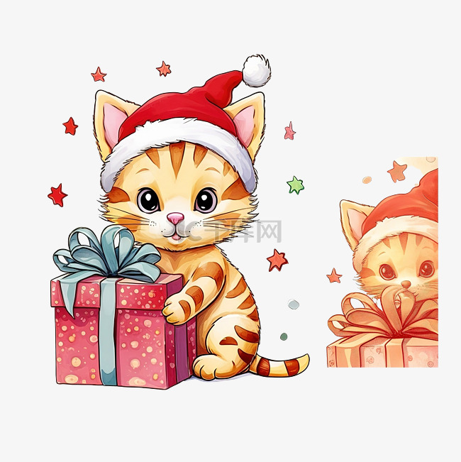 可爱的猫在圣诞礼物上方玩耍，戴