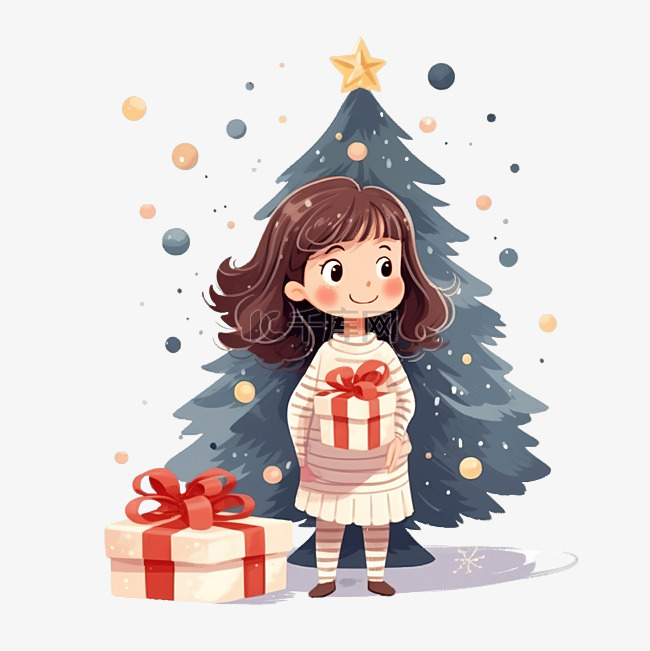一个漂亮的女孩拿着礼物站在圣诞