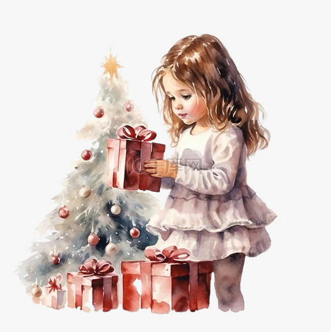 迷人的小女孩装饰圣诞树，梦想着