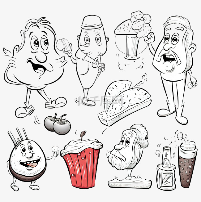 卡通食品和人物角色设置着色页