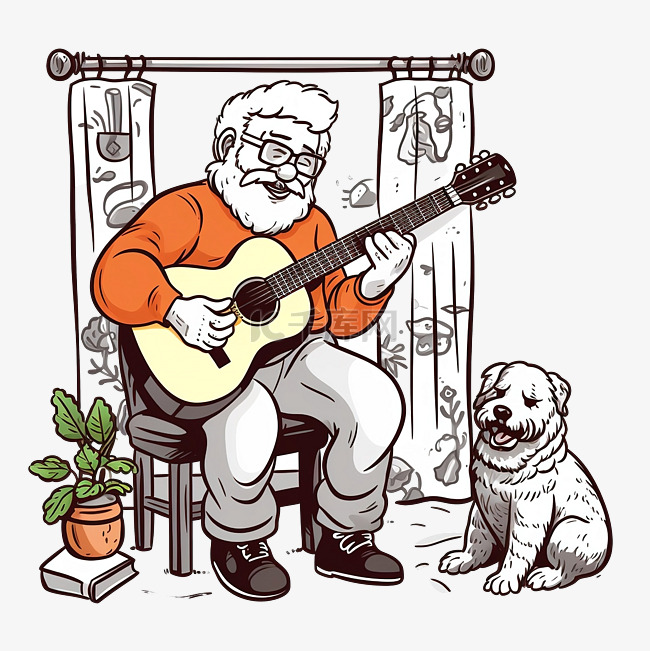 手绘老人弹吉他与涂鸦风格的狗插