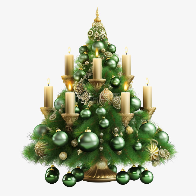 用圣诞球和蜡烛装饰的绿色经典圣