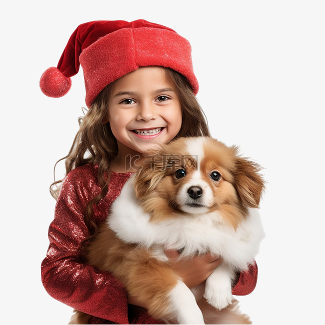 小女孩抱着狗站在圣诞树旁微笑