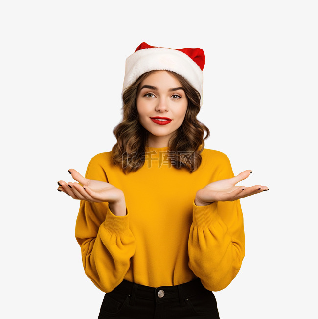 戴着圣诞帽的女孩在孤立的黄墙上
