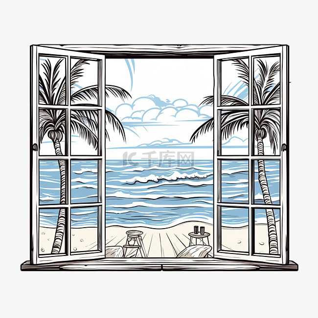 从窗户线插画欣赏海滩景色