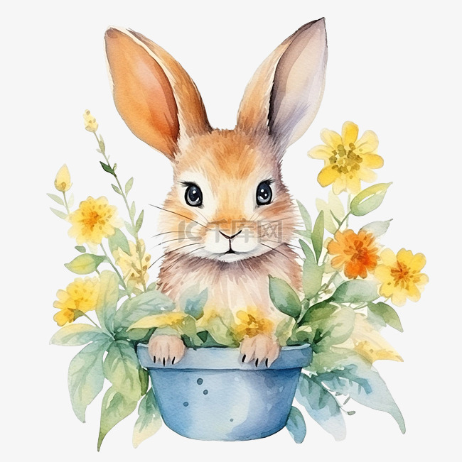 复活节兔子与鲜花水彩插图