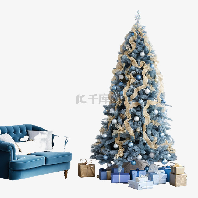 蓝色客厅内部美丽的圣诞树