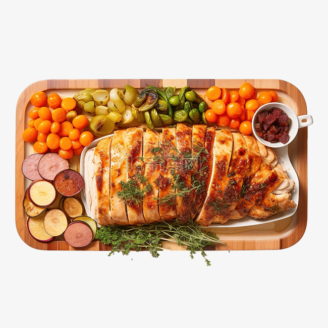 感恩节餐桌上蔬菜托盘上的切片烤