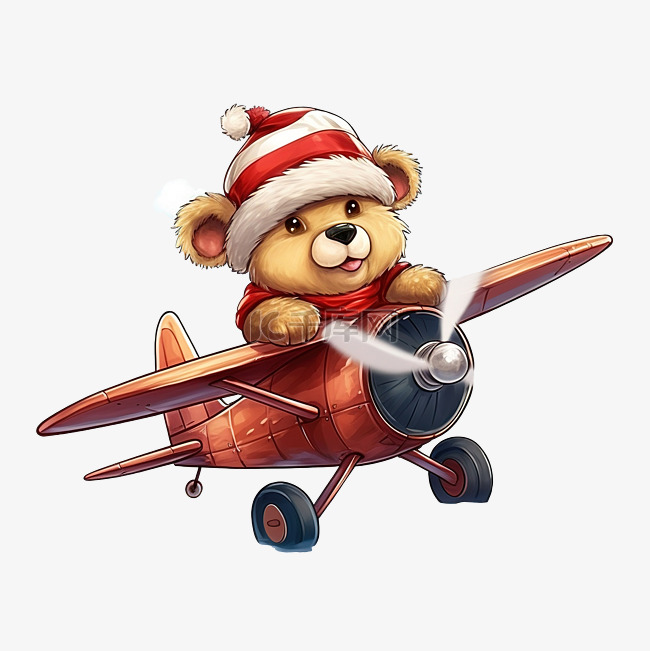 可爱的熊戴着圣诞老人的帽子飞着