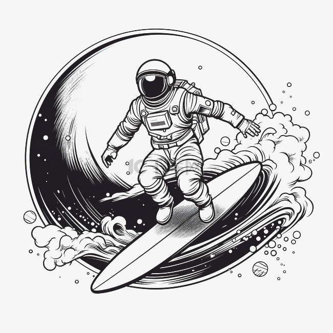 冲浪宇航员线条艺术插画