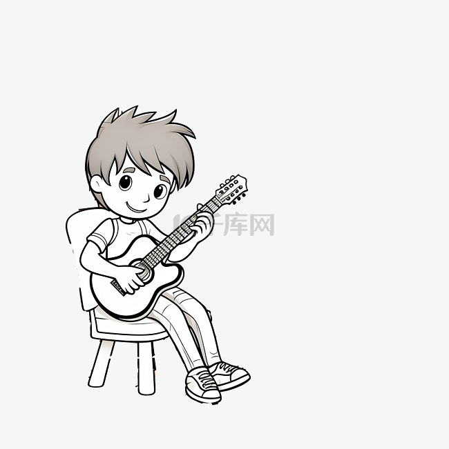 卡通男孩在他的房间里弹吉他着色