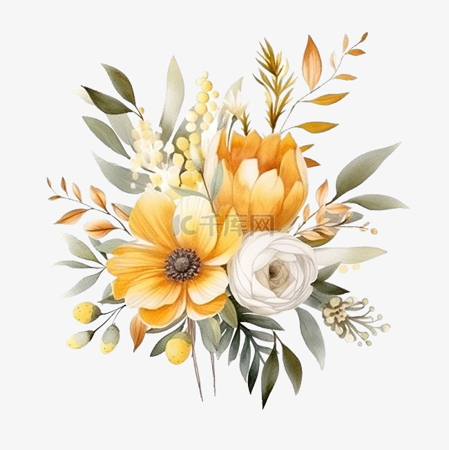 水彩金色花朵花束布置插画