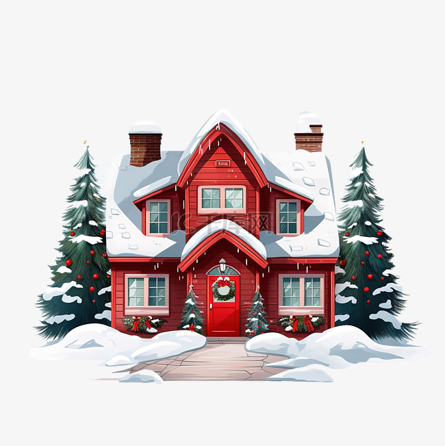 一栋红色舒适的房子，屋顶在雪中