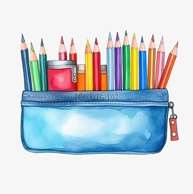 水彩插图学习用品铅笔袋