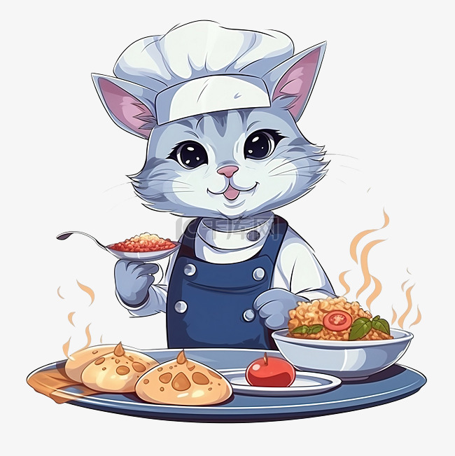 一只戴着厨师帽的卡通猫坐在盘子