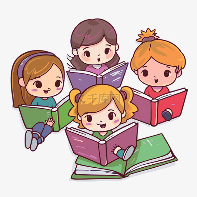 四个女孩读书和读书是一个卡通插