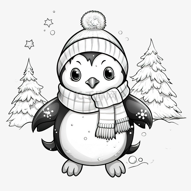 圣诞快乐可爱的着色企鹅标签绘图