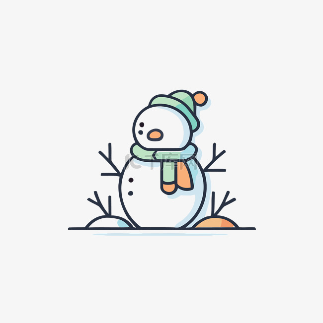 雪人图标在细线与彩色围巾冬季时