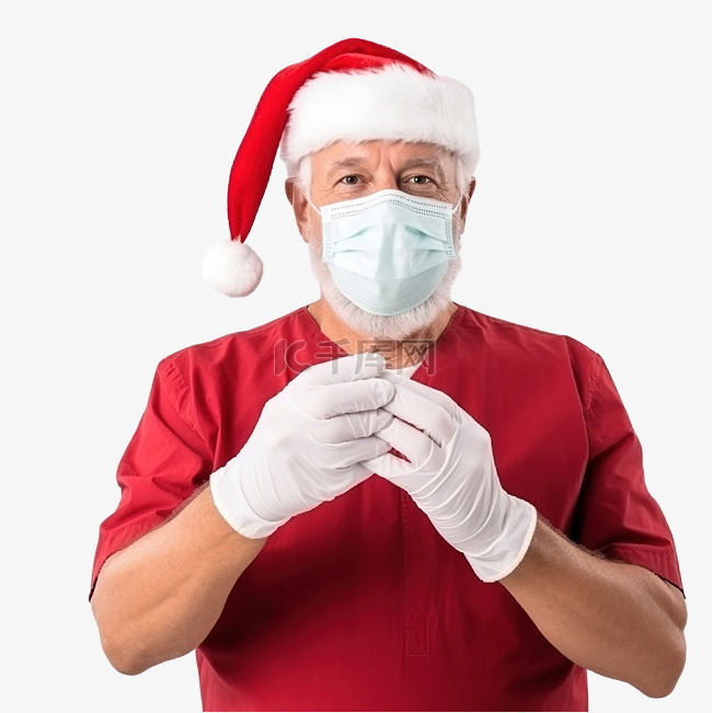 圣诞老人手拿着冠状病毒外科口罩