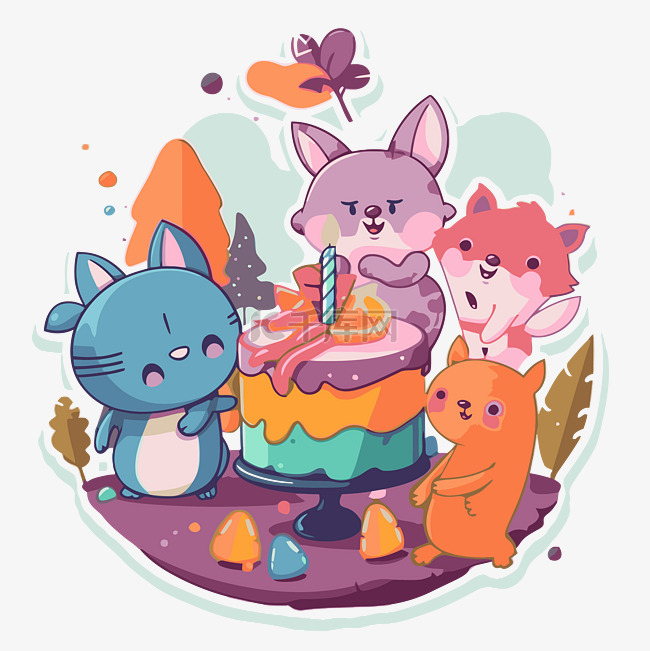 可爱的动物贴纸和生日蛋糕剪贴画