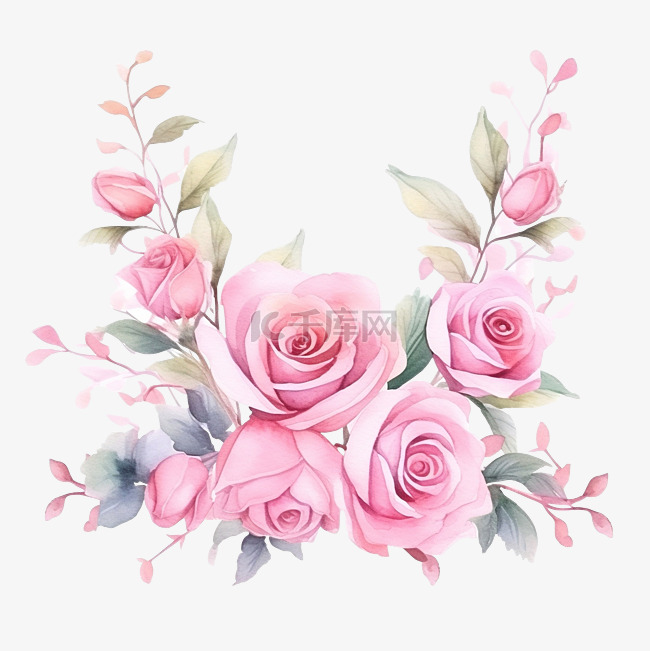 粉红色柔和的水彩玫瑰花花束排列