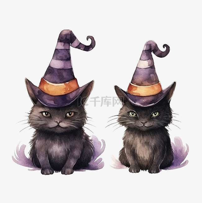 万圣节女巫帽子和黑猫的手绘水彩