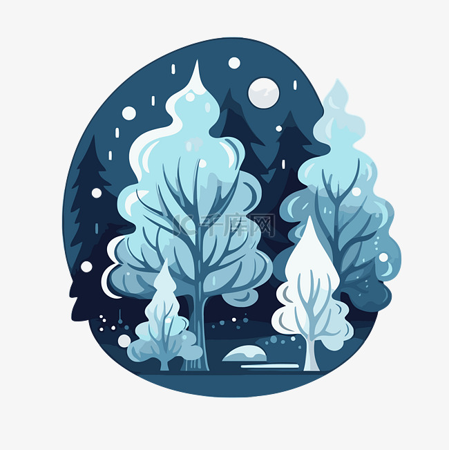 冬季森林与雪和月亮矢量图剪贴画