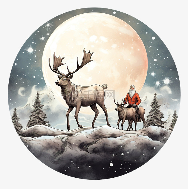 驯鹿队和圣诞老人??在月亮上的