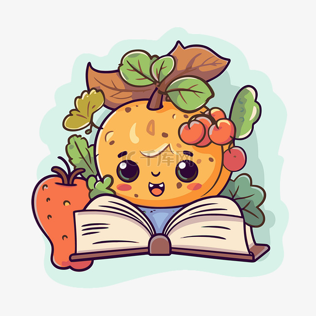 橙色阅读一本带有蔬菜装饰剪贴画