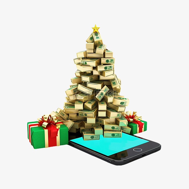 智能手机屏幕上圣诞树下的钱袋