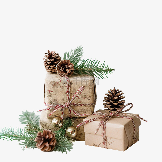 用松树枝装饰的圣诞礼物的特写