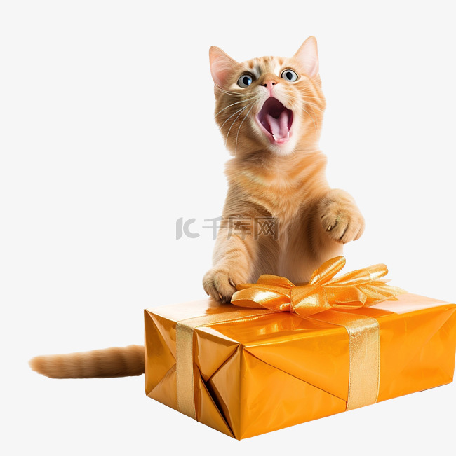 橙色猫看到圣诞礼物时的滑稽表情