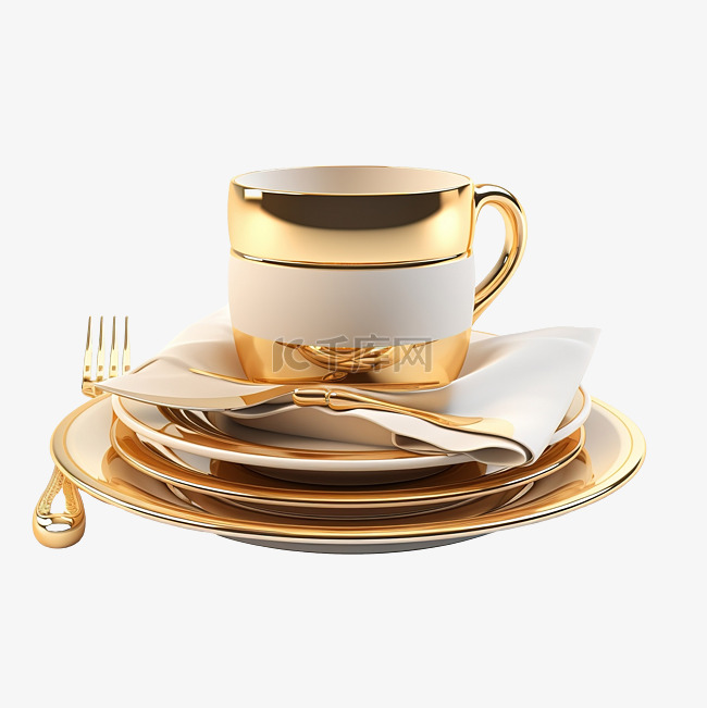豪华金色餐厅餐具3D插画