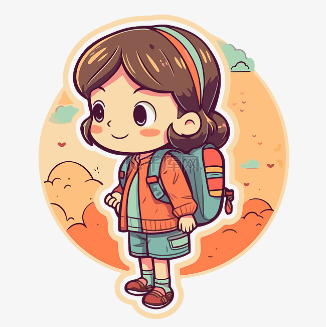 卡通风格背着背包的可爱小女孩 
