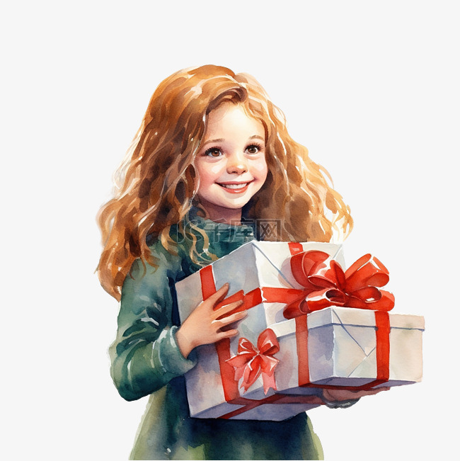 快乐的小女孩在圣诞树附近手里拿