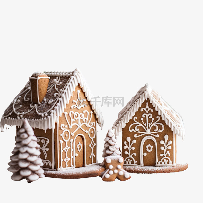 华丽的圣诞姜饼小屋，有树和雪
