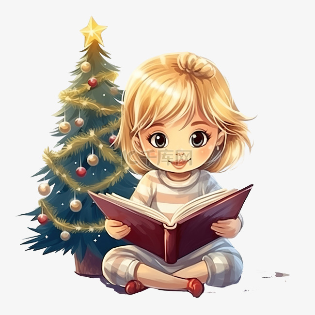 可爱的金发小女孩在圣诞树附近的