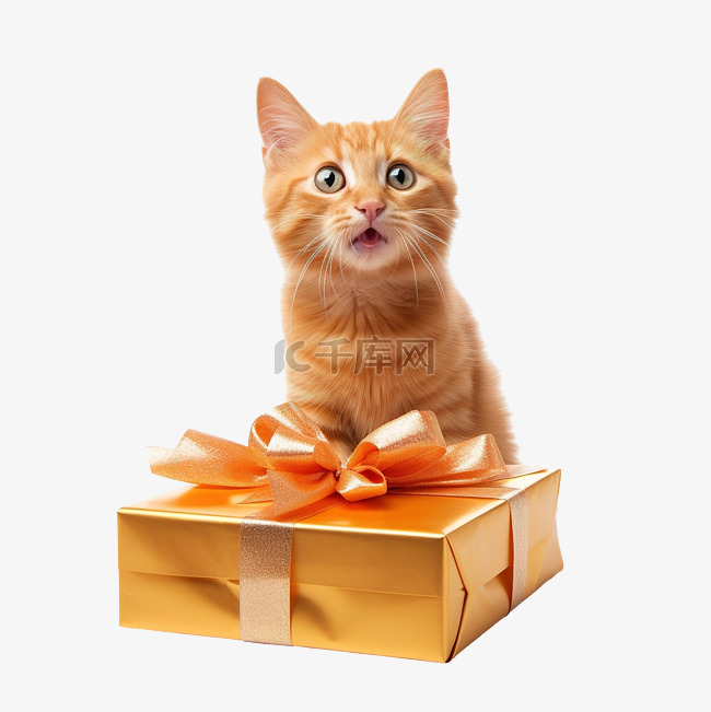 橙色猫看到圣诞礼物时的滑稽表情