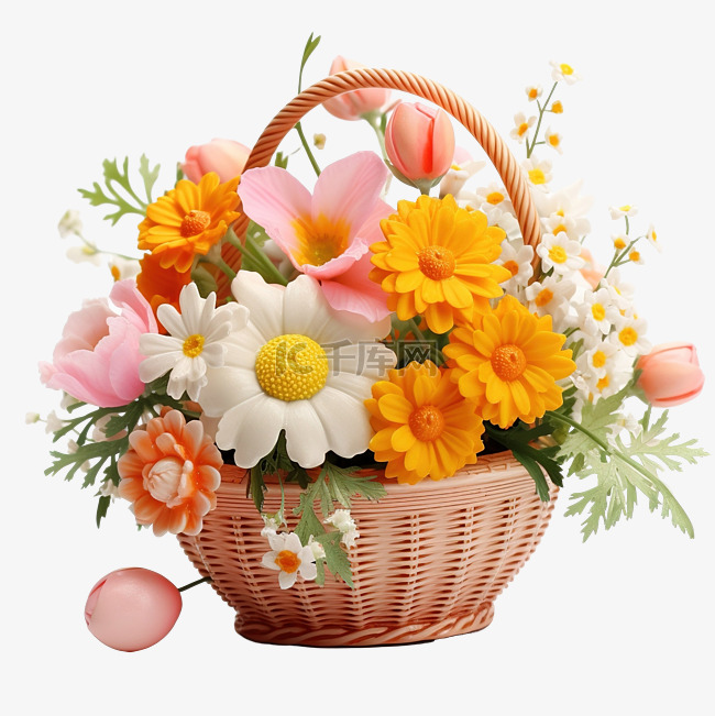 有春天花的复活节彩蛋篮子