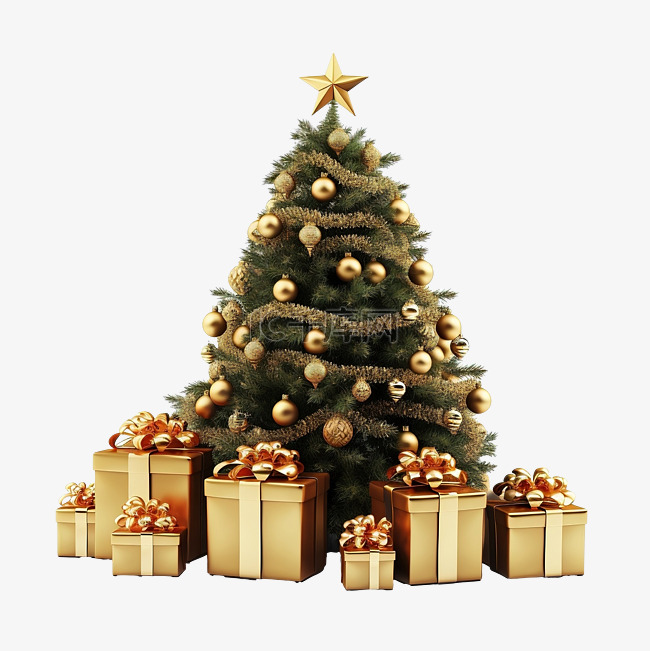 带装饰品和礼品盒的圣诞树