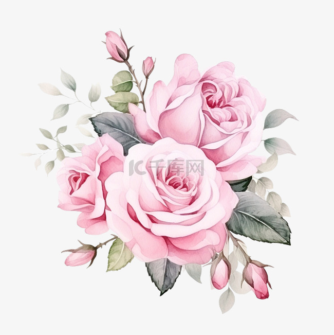 水彩美丽的粉红色英国玫瑰花束与