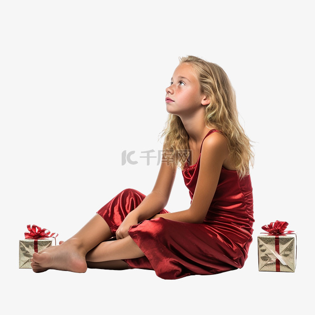 圣诞节假期里的女孩坐在地板上站