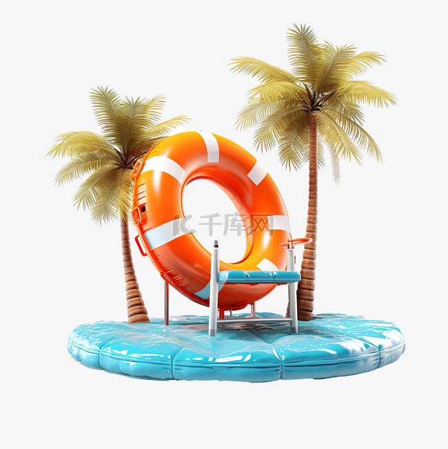 水溅与沙滩椅棕榈树救生圈空间隔