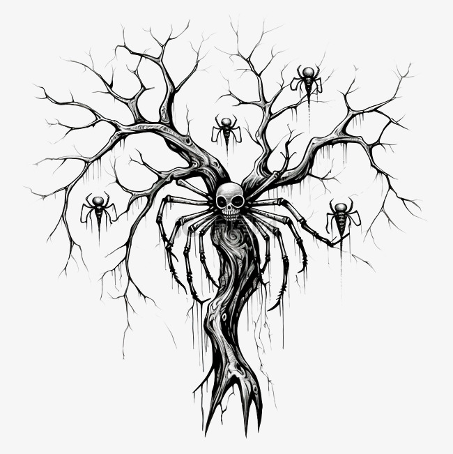 树上挂着黑蜘蛛的万圣节元素插画